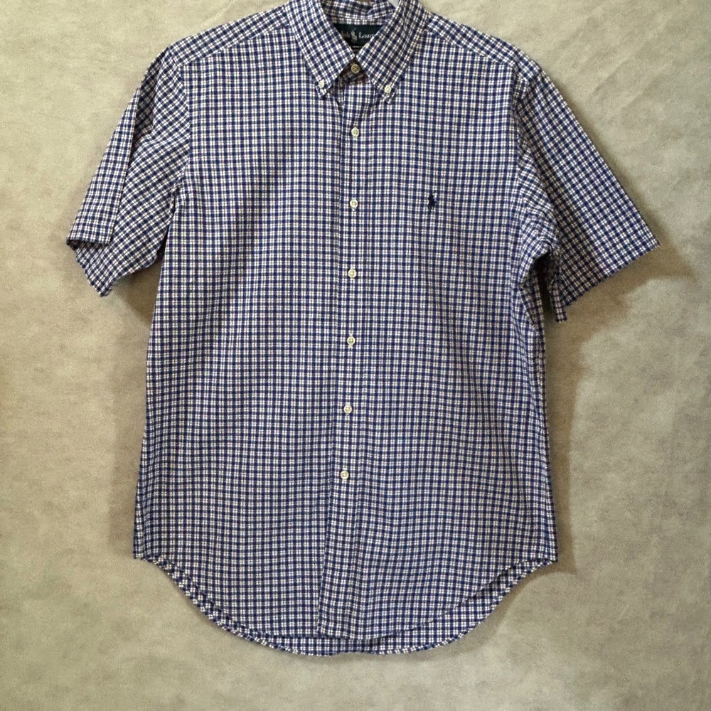 Polo Ralph Lauren Mens Classic Fit Gingham Short Sleeve Button Down Shirt Blue M - Picture 2 of 8